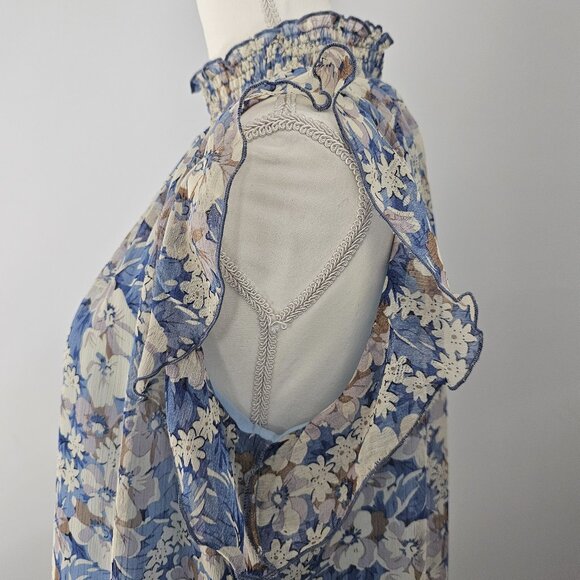 MELLODAY blue BLOUSE top FLORAL lined SMOCKED ruffles BLOUSE - Picture 5 of 12